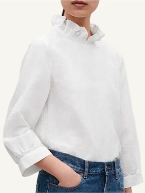 COS Linen Blend Frill Neck Blouse Tie Back Long Sleeve Size 8